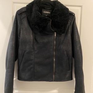 Express Womens Moto Jacket Faux Fluffy Quilted Zipper Large